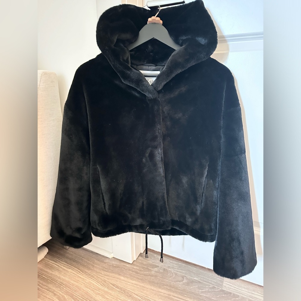 Ba&Sh faux fur hooded jacket, black size small